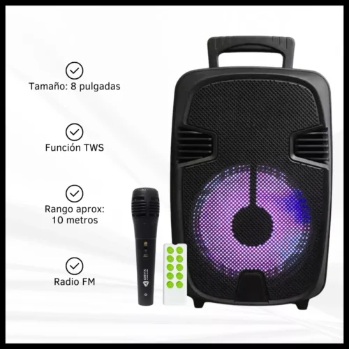 Parlante Portátil Bluetooth 8 Pulgadas Micrófono Luces Led Color Negro-3 Parlante Portátil Bluetooth con Micrófono y Luces LED Oryx SP-1146-5A 8"– Negro